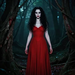 cicely mary barker, full body, pretty alyson hannigan, evil dead demon, evil dead movie, red dress, symmetrical eyes, symmetrical face, long curly black hair, trees, forest, branches, cinematic lighting, evil dead creature, scary, blood