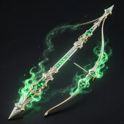 a weapon design for legendary bows, magic power, green flame, luxury, gemstone and dimond, product view, 8 k, exquisit, detail,