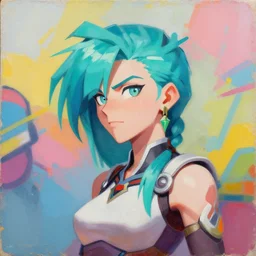 greg manchess portrait painting of asada shino sinon as overwatch character, turquoise hair, medium shot, asymmetrical, profile picture, organic painting, sunny day, matte painting, bold shapes, hard edges, street art, trending on artstation, by huang guangjian and gil elvgren and sachin teng