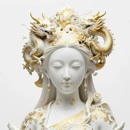 full head and shoulders, beautiful female white, porcelain sculpture, with ornate willow china pattern, lots of ornate gold leaf 3 d japanese dragons attached to head by daniel arsham and james jean, on a white background, delicate facial features, white eyes, white lashes,