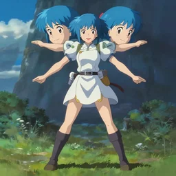 artgerm, loish, makoto shinkai, symmetrical body female warrior, fantasy setting, smile, symmetrical eyes, blue hair, symmetrical face, full body action pose