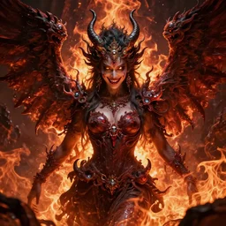stunning female demons surrounded in fire, korean, buddhist, Naraka otherworldly rising from the fire, crystal amber eyes , wings, very detailed face, smile, monster teeth covered in red, dark and mysterious, full body, rococo, cinematic, epic ,4K very detailed, full body, Sun God, death God, hell