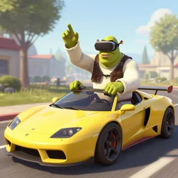 zin din zidane plays gta with shrek on vr as trevor philips riding a super car, highly detailed, digital painting, artstation, concept art, sharp focus, illustration, art by greg rutkowski and alphonse mucha