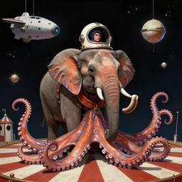 an elephant in space wearing as a man from old circuses and with a helmet on head, background spaceship in the form of an octopus