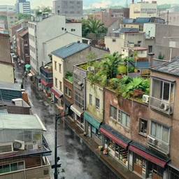 view from the street level, shows a dense cityblock, ground floor shops, residential apartments, rooftop garden. rainy atmosphere. sharp focus, smooth, hd, detailed, decayed, digital painting trending on art station, studio ghibli.