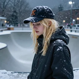 blonde skatergirl with fringe hair in baseball cap in the skatepark during winter blizzard night. highly detailed, cinematic, smooth concept art, airbrush, by artgerm and greg rutkowski and alphonse mucha and simon stalenhag artstation