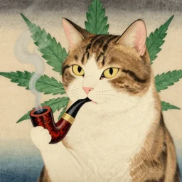 stoner cat smoking pipe with cannabis leaf background, in the style of utamaro, japanese woodblock, classical japanese art, traditional japanese art, kitty, cat, neko, weed, marijuana, cannabis, highly detailed, beautiful colors, award winning