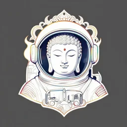 a detailed logo outline of the buddah as an astronaut helmet with a rainbow colored outline, intricate, elegant, illustration, digital painting, burning village in the background, 8 k, fine detail, art by greg rutkowski, frank frazetta, jack kirby, albert aublet, frank herbert, and alphonse mucha