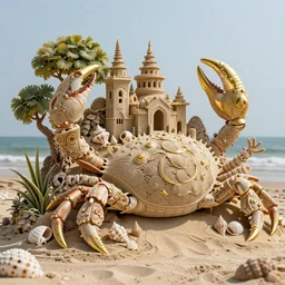 ornate sand sculpture on the beach made of elaborate sea shells, gold accents, seaweed trees, crab claw turrets, insane detail, luxury, intricate carving, intricate lines, Zbrush, 3D scuplture, 8K -6