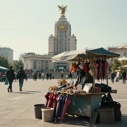 close view of a tiny market stall. folded umbrellas for sale on the stall. set in a square. background of an old soviet monument. storyboard, scifi cyberpunk. by gabriel hardman, joe alves, chris bonura. cinematic atmosphere, detailed and intricate, perfect anatomy