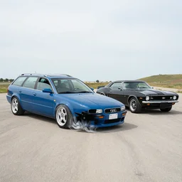 A mix of Denim Blue Audi A4 B6 Avant (2002) and a Chevrolet Camaro (1969), even wider shot