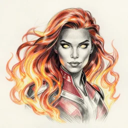 vfx marvel woman with flowing fire hair and glowing eyes, super hero pencil art full body action pose, volumetric lightning, highly detailed, UE5 render, art station, center of picture.