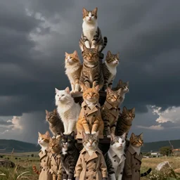 A stack of cats standing on each others shoulders in a trenchcoat, cartoon