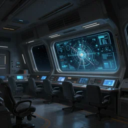 scifi art by Greg Rutkowski, the ship's bridge deck, full of screens and holographic maps with a large window looking into space, functional and elegant look, but minimalist, and a bit dark, claustrophobic and futuristic environment, detailed and intricate environment, high technology, highly detailed portrait, digital painting, artstation, concept art, smooth, sharp foccus ilustration, Artstation HQ.