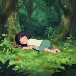 a girl sleeping in a forest, she is laying down. in the style of over the garden wall
