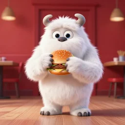 white fur monster standing and eating a hamburger in a red room in pixar style