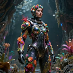 octane render by wayne barlow and carlo crivelli and glenn fabry, a woman in a skintight shiny black spacesuit with intricate iridescent metal detailing, covered in bright colorful tropical alien flora inside a massive cavern, cinema 4 d, ray traced lighting, ultra - detailed, volumetric lighting, very short depth of field, bokeh