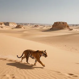 tiger running across the open desert, empty desert, sand, karst landscape, wide shot, concept art by greg rutkowski