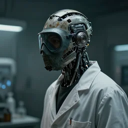 a rugged half - masked laboratory scientist man with cybernetic enhancements as seen from a distance, scifi character portrait by greg rutkowski, esuthio, craig mullins, 1 / 4 headshot, cinematic lighting, dystopian scifi gear, gloomy, profile picture, mechanical, cyborg, half robot, implants, dieselpunk