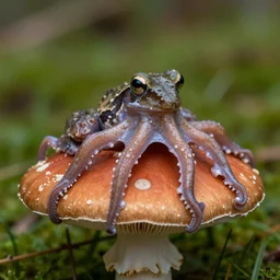 octopus frog sitting on mushroom