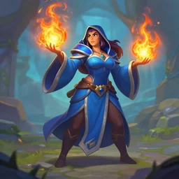 a female mage with a blue robe and casting a fire spell, Hearthstone official splash art. Insist on tinyest midriff ever, largest haunches ever and fullest body. Small head, SFW, SFW, perfect master piece, award winning