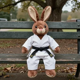 a soft chocolate plush rabbit hand stitched from an old sock and showing signs of years aging and tearing now sat alone wearing an old karate uniform beneath an old park bench on the sidewalk beneath an old oak tree, photography, photorealistic, national geographic