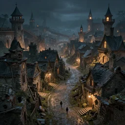 fantasy town, barricaded! streets, night watch, ( ( ruins ) )