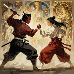 An epic fight moment frozen time pose, between one demon slayer with one female skilled samourai , in style of by gaston bussiere, and craig mullins and greg rutkowski and alphonse mucha, awesomenes , concept art world, cinematic lighitng,