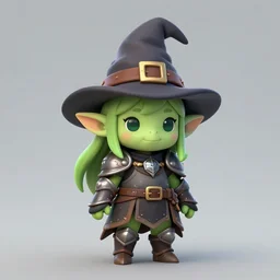 cute tiny goblin girl wearing hunter armor from Bloodborne and a wizard hat, geeen skin, d&d, chibi