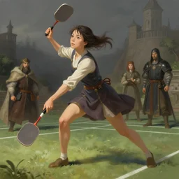 wide - angle of woman playing badminton with a pickle, civilized, highly detailed, medieval, digital painting, concept art, matte, art by ruan jia and wlop and greg rutkowski and makoto shinkai, masterpiece