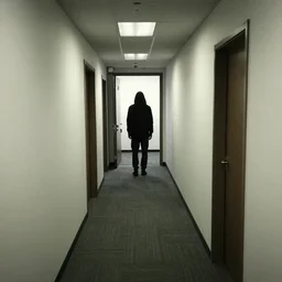 a creepy office hallway. a figure at the end of a hallway. craiglist photo.