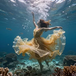 woman dancing and spinning underwater while wearing a long dress made of many layers of translucent golden fabrics flowing in the fast current, hundreds of tiny bubbles in the foreground somewhat obscure and blur her body, coral sea bottom, swirling schools of silver fish, bubbles, swirling smoke shapes, octane render, caustics lighting from above, cinematic