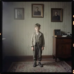 kodak portra 4 0 0, wetplate, narrow shot, award - winning colour portrait by eugene atget of a 1 9 2 0 s room, picture frames, dust, smoke, 1 9 2 0 s furniture, wallpaper, carpet, muted colours, handsome 6 yo boy in 1 9 2 0 s cloth, fog