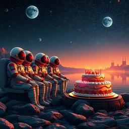 eleven cosmonauts sitting by the river with and big holiday cake + retro futuristic poster cybernetic pattern nano enhancements, gradient space graphics in background, close up, quint buchholz, wlop, dan mumford, artgerm, liam brazier, peter mohrbacher, raw, featured on artstation, octane render, cinematic, elegant, intricate, 8 k