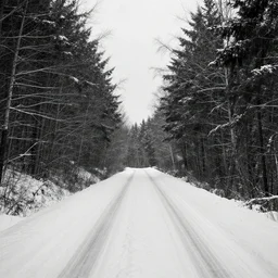 a snow covered road in the middle of a forest, a black and white photo by bedwyr williams, featured on flickr, postminimalism, creative commons attribution, ominous vibe, atmospheric