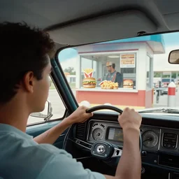 color cropped photo : first - person perspective looking over the right shoulder of mixed race man driving a vintage car looking out driver side window at a fast food drive thru ordering window, vintage car interior with elaborate dash with soviet computer console, 1 9 7 0's drive thru, burger and fries
