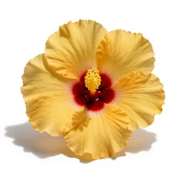 golden hibiscus flower, professional studio photo, full body, isolated on a pure white background, centered, entire subject in frame, sharp focus, soft studio lighting