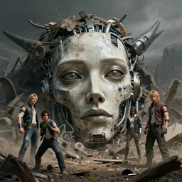 a fancy portrait of a giant michanical face buried in an apocalyptic world by Greg Rutkowski, Sung Choi, Mitchell Mohrhauser, Maciej Kuciara, Johnson Ting, Maxim Verehin, Peter Konig, final fantasy, Marco lense , 8k photorealistic, cinematic lighting, HD, high details, atmospheric , trending on artstation