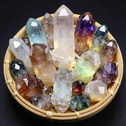 a basket of multicolored crystals, glowing crystals