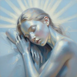 3 d, close - up, sleepy fashion model, liquid metal, morning, sun rays, poster art, hyper detail, intricate oil painting, multiple exposure, light blue mood, 3 d, by tooth wu and wlop and beeple and greg rutkowski