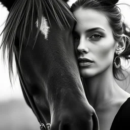 close up of the face of a fashion model standing next to a horse, a black and white photo by maud naftel, featured on cg society, naturalism, black and white, beautiful, hypnotic