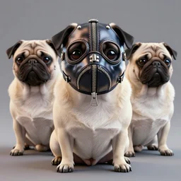 3 d rendered hyper realistic hyper detailed pug wearing a shiny leather gimp mask with zippers covering its face, octane render, blender, 8 k