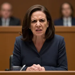 Movie still of an furious, angry Sheryl Sandberg in the courtroom in Facebook The Movie (2017), directed by Steven Spielberg