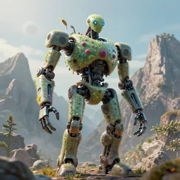 a gigantic bio robot made out of germs stands in front of a mountain. digital art, octane renderer. cgsociety, soft light