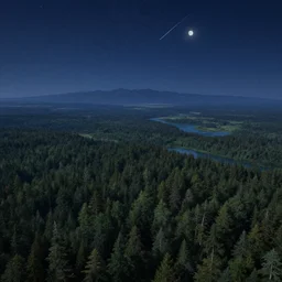 beautiful fantasy landscape, distant forest, distant mountains, river, dark blue night, stars, shooting stars, two pale moons, by james gurney, by noah bradley, by frederic edwin church, aerial perspective, concept art, matte painting, intricate, hyper detailed, volumetric lighting, sharp focus, octane render, trending on artstation, 8 k