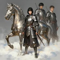 portrait of one full body girl medieval chines armor and one metal horse of light funder cloud poses by gaston bussiere, anna nikonova aka newmilky, greg rutkowski, yoji shinkawa, yoshitaka amano, tsutomu niehi, moebius, donato giancola, geoffroy thoorens, concept art, trending on artstation, featured on pixiv, cinematic composition, 8 k