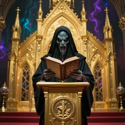 cthulu's grimoire on podium with a golden chapel background, horror preacher reading grimoire on podium in the golden chapel 4 k 8 k artstation trending realistic high quality cinematic dramatic lighting colorful lovecraftian horror dark and light contrast magic alchemy symbolic by hans zotzka noriyoshi ohrai