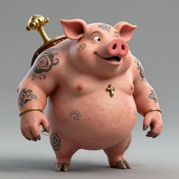 Rayman legends boss, A baddass PIG with tatoos, character design,  in the style of michael ancel, Ruan Jia and Mandy Jurgens and Greg Rutkowski, trending on Artstation, award winning, unreal engine, octane render W 1024