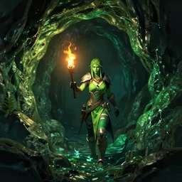 skyrim screenshot of mercy ( overwatch ) delving into a dark watery cave, holding a flaming torch. dimly lit surroundings, green ghastly atmosphere, bright yellow character halo. 8 k octane render, enb, bokeh, ambient occlusion, realistic lighting, 4 k textures, enhanced fx.