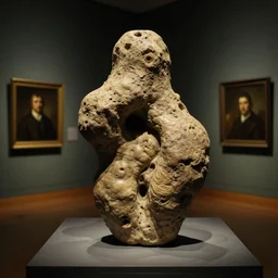 a sculpture of a misshapen teratoma in dim light in a museum room painting by edward hooper and james ensor